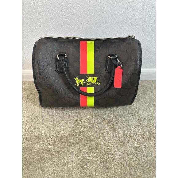 Coach Handbags - Coach Signature Double Stripe Bennett Heritage Satchel Mahogany Purse